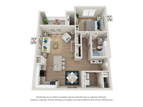 Floor plan for 1 bed, 1 bath, 855 sqft
